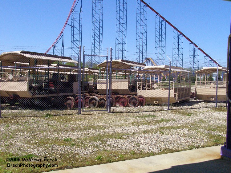 Railcars sitting and waiting to be put into service at Six Flags America.