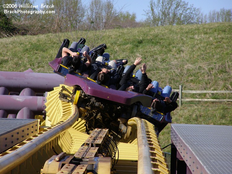 Batwing train entering the brake run.