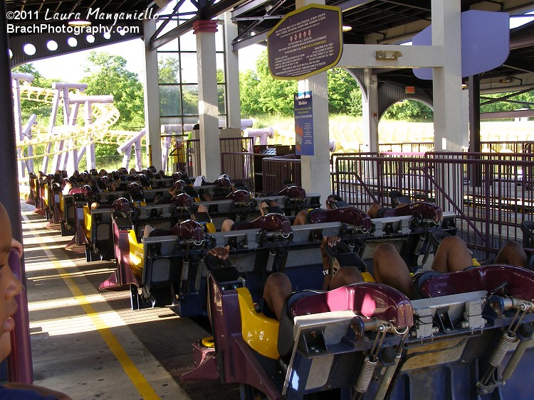 Batwing train fully reclined in the station.