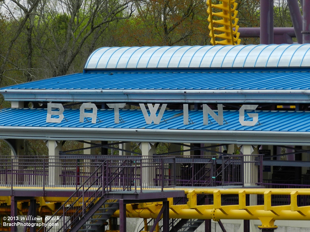 Lettering on the roof of the station spells out Batwing.