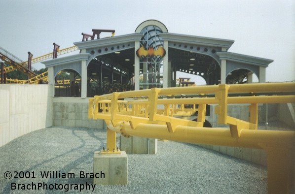 BATWING! A Flying Dutchman rollercoaster from Vekoma.  One other Flying Dutchman opened that year at Six Flags Ohio - X-Flight. Exact same layout, station style, etc.  Only difference between the two are the names and colors.  X-Flight had lime green track with black supports.