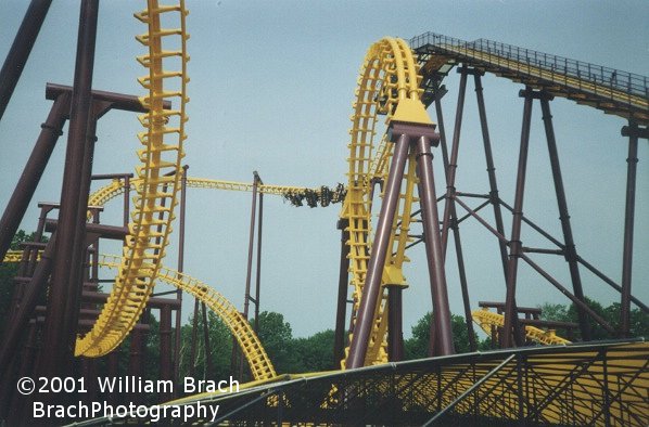 Immediately following the drop-dip from the lift hill, the train flips over, leaving you hanging with only the restraints holding you in before continuing the rest of the ride.