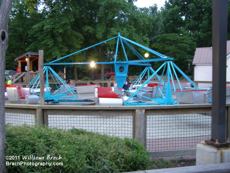 Cyclone was moved from its old location near Wild One to ocupy the space that the Octopus used to occupy.  This move was done between the 2009 and 2010 seasons.  The park also painted the ride to the nice sky blue color you see here.  In my opinion, this ride needs a light package added to it.