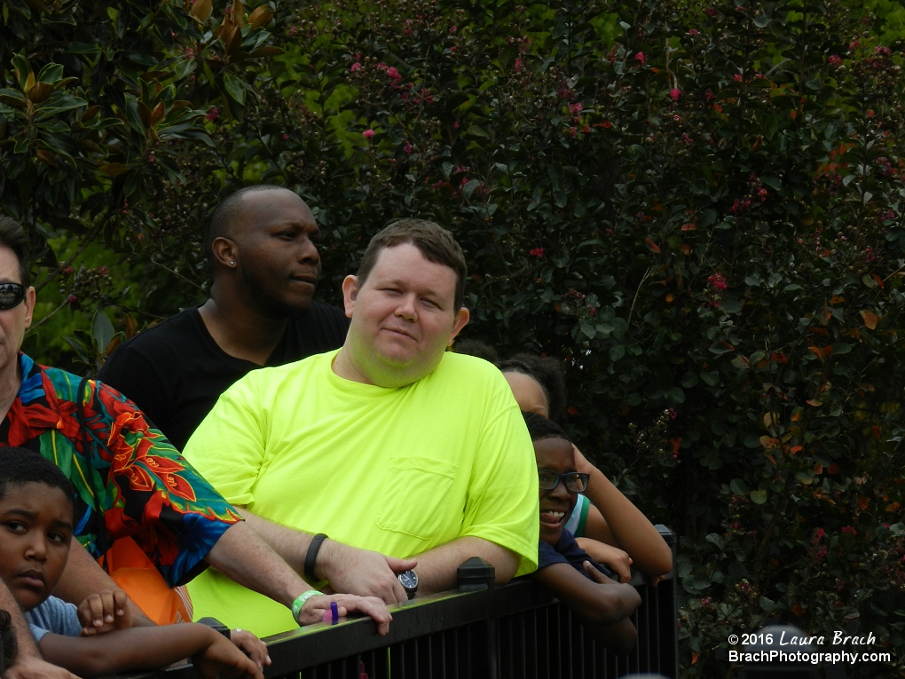 Your webmaster smiling at his wife while he waits in the queue for the French Quarter Flyers.