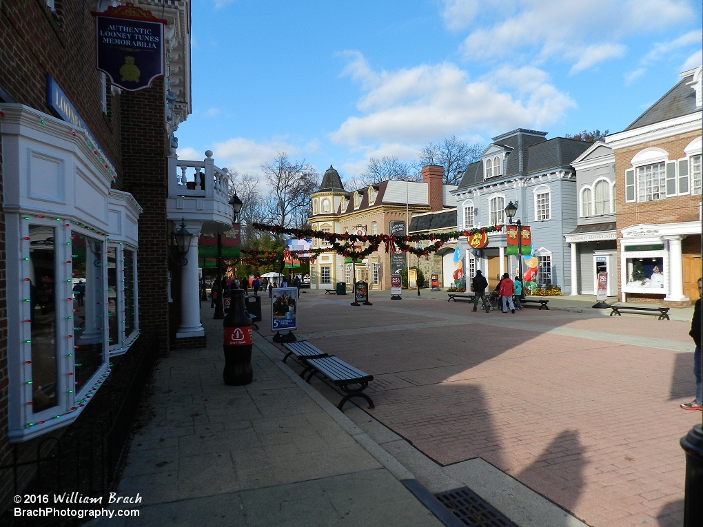 Nicely decorated front entrance area of the park for the Holiday in the Park event.