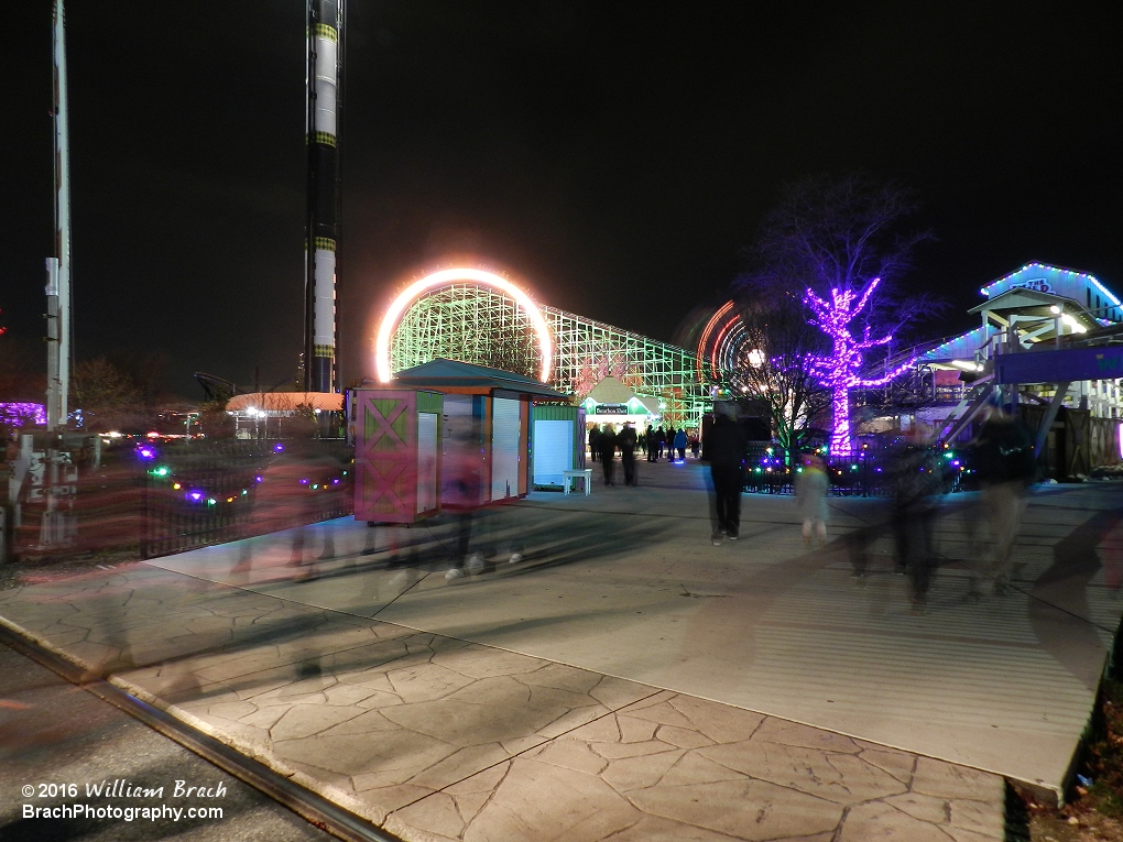 The Mardi Gras section of the park was transformed into Merry Masquerade for Holiday in the Park.  Featuring Gold, Green and Purple colored lights.