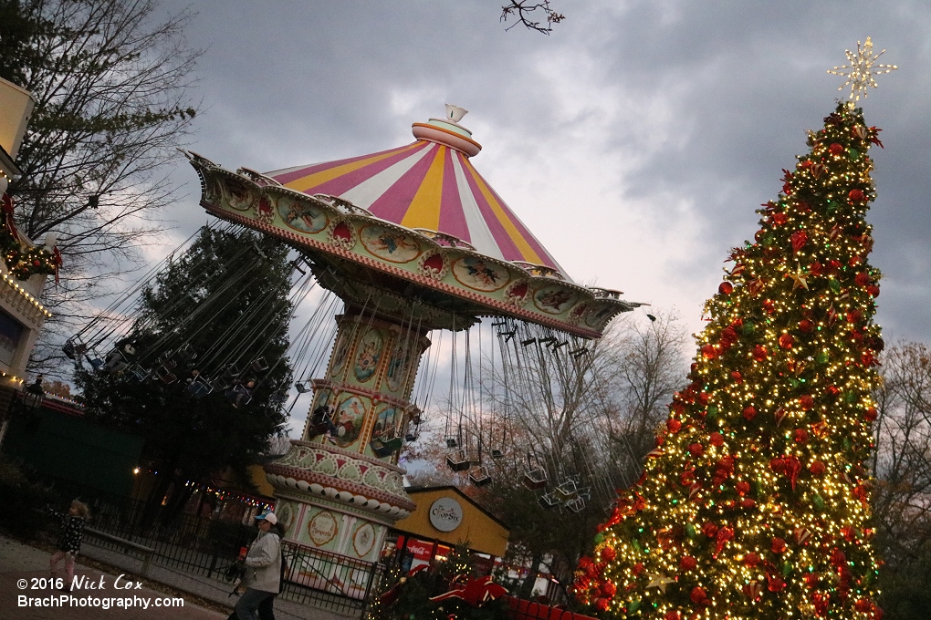 A Christmas tree and their wave-swinger.