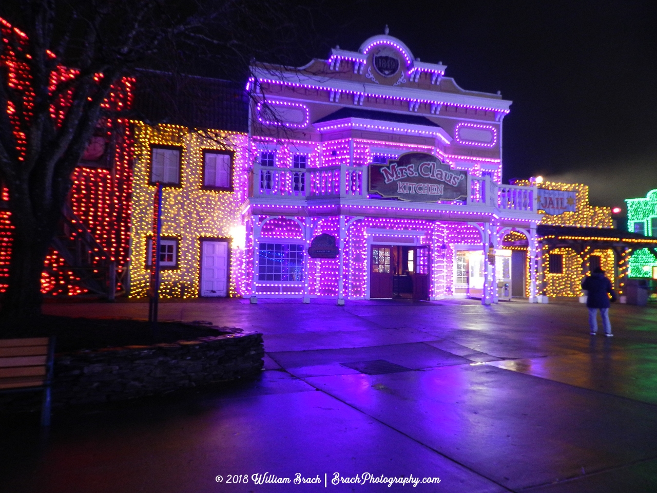 Very pretty lights on the Saloon which has been transformed into Mrs. Claus' Kitchen for Holiday in the Park.