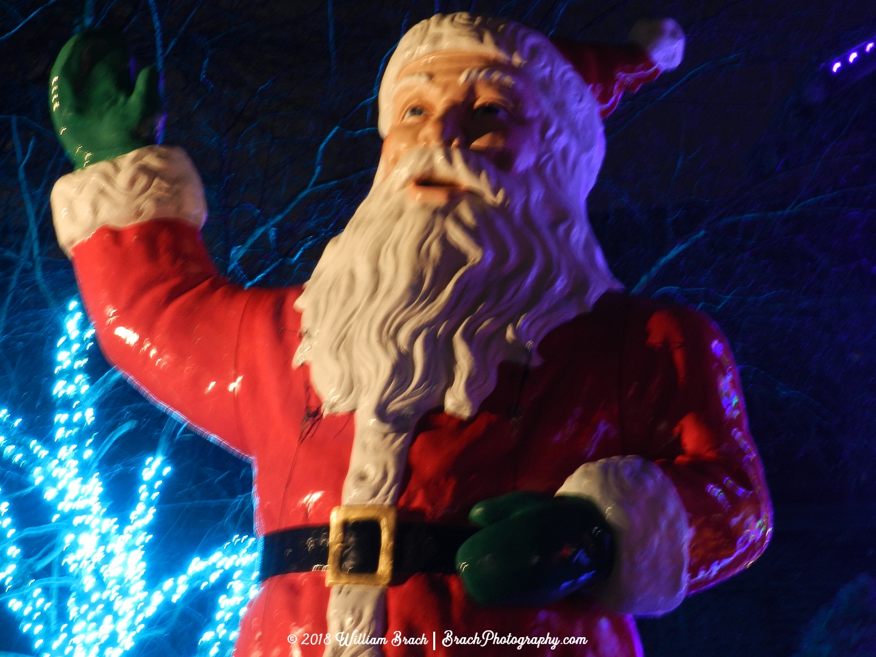 A familiar face greets park guests to the North Pole during Holiday in the Park at Six Flags America.