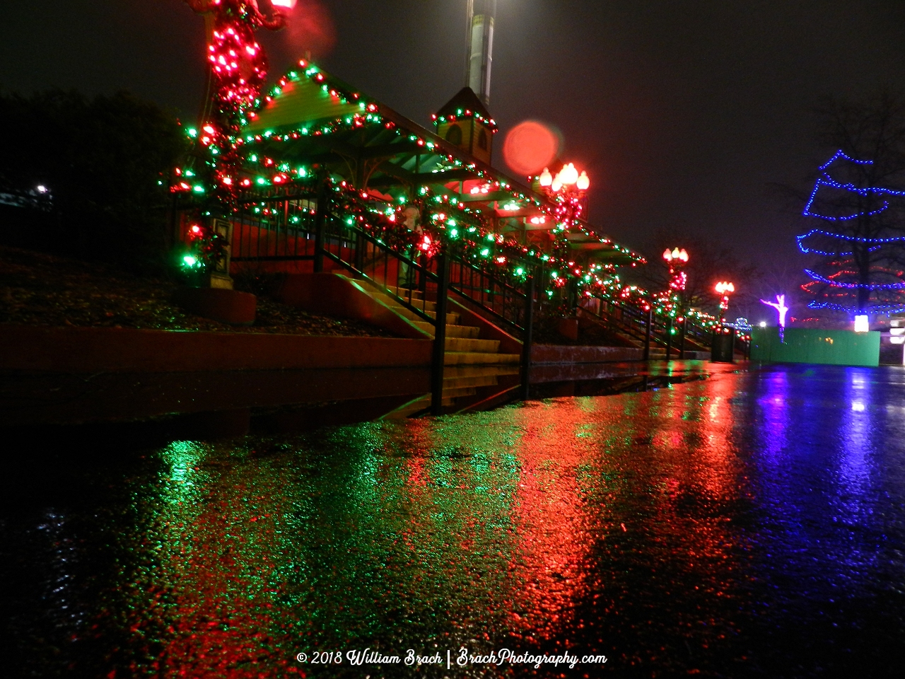 Train station all decked out for Holiday in the Park at Six Flags America.