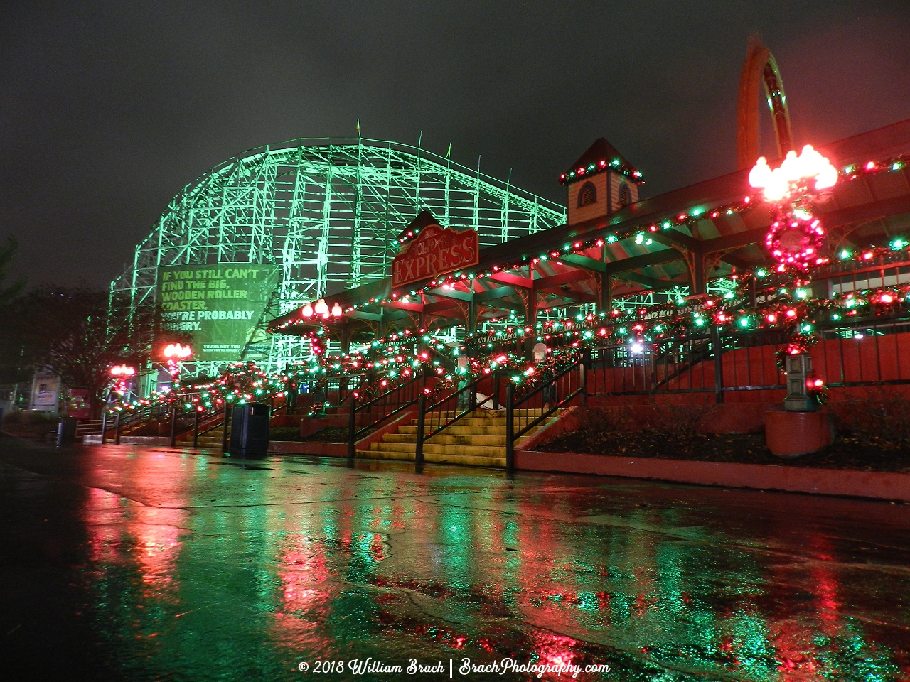 Train station all decked out for Holiday in the Park at Six Flags America.