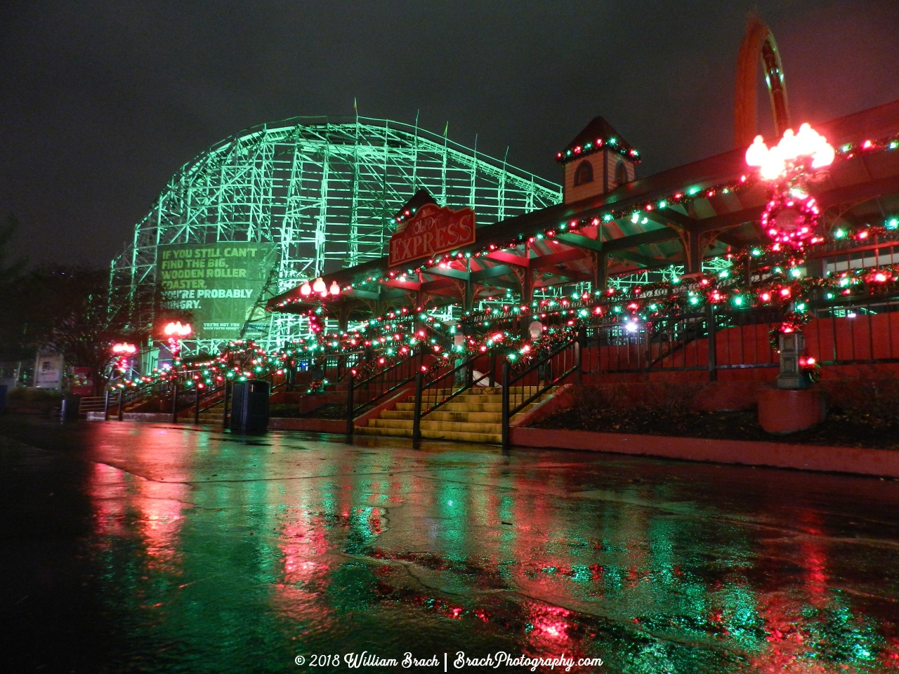 Train station all decked out for Holiday in the Park at Six Flags America.