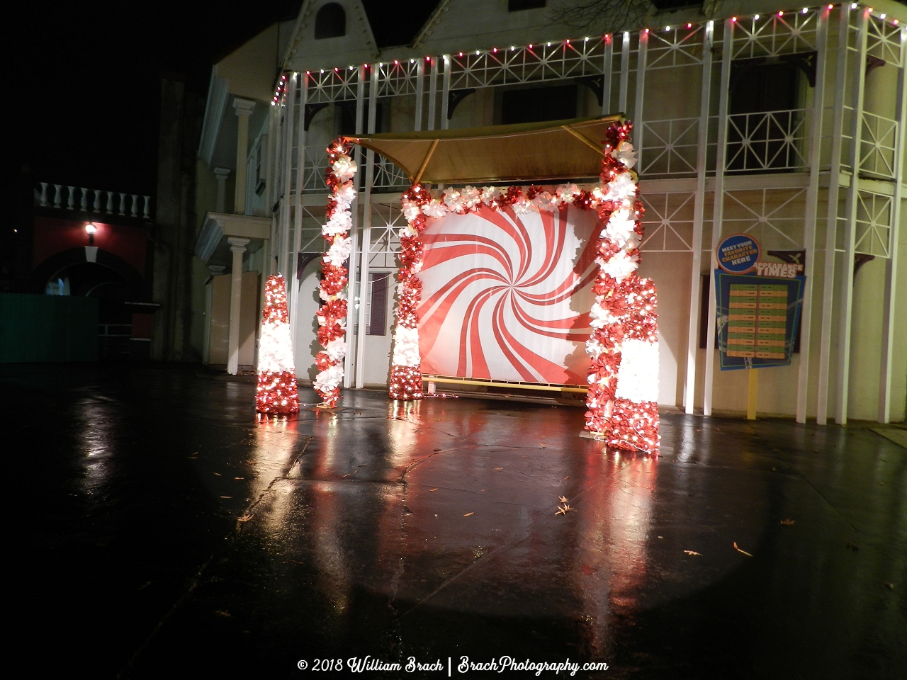 Photo opportunity station for photos with characters during Holiday in the Park at Six Flags America.