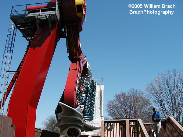 Ride gondola returning to its upright position.