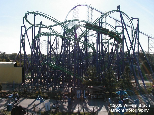 Overview of the coaster from the exit of Penguin's Blizzard River.