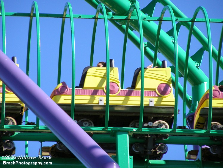 The trims on Joker's Jinx don't slow the train down to an almost complete stop like the trims on Flight of Fear at Kings Dominion in Doswell, Virginia do.