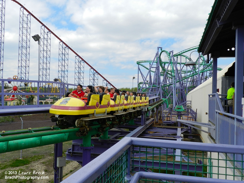 Yellow train sitting in the brake run.