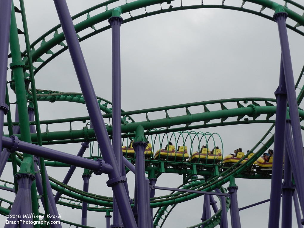 Yellow train running through the Rib Cage in the middle of the ride.