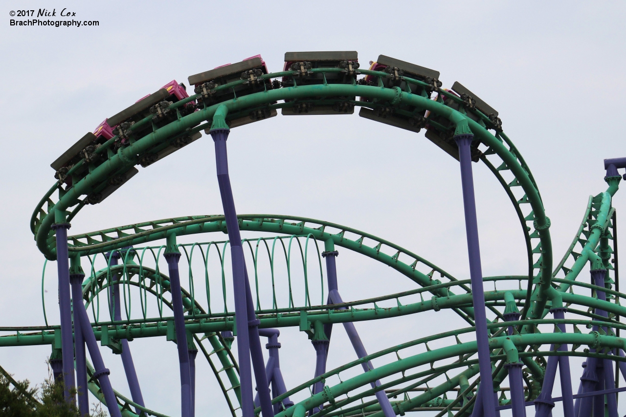 The train flying around a curve.