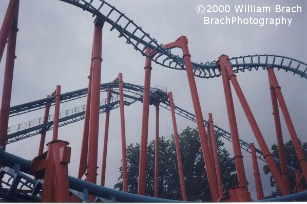 Kind of hard to see in this shot, but there are two cables hanging from the lift hill.  Appears that Six Flags was replacing the lift hill chain that day.