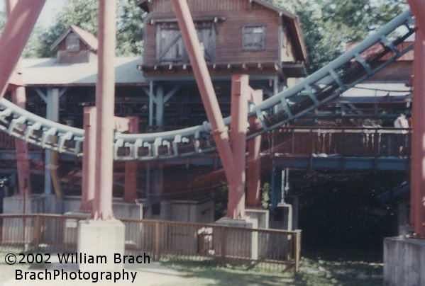 Blurred motion shot of the station with a train rushing by in Blurr-O-Vision.