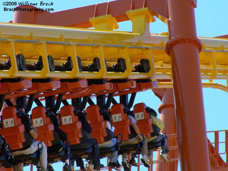 The old colors for Mind Eraser were blue track, red supports.  Over the years the colors had faded so badly that the blue turned into a powder blue and red nearly became pink.  Now the track is yellow, supports are orange.