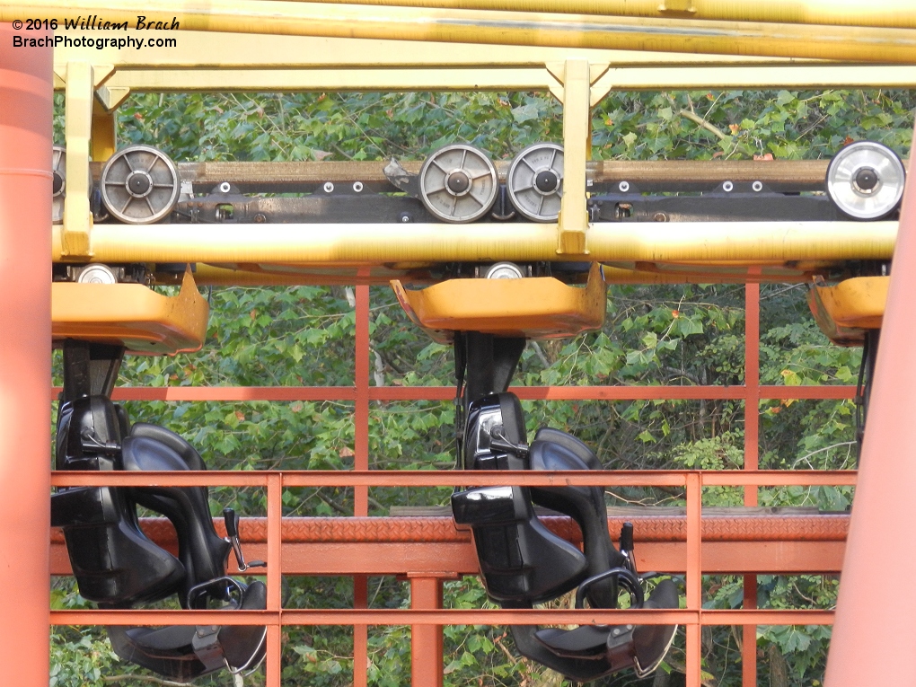 Mind Eraser's yellow train sitting in the transfter storage track.