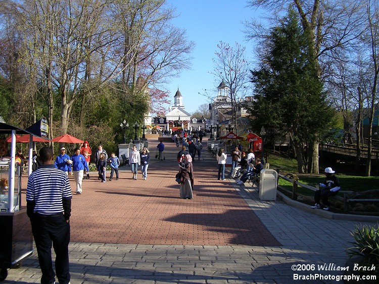 Looking out towards the main entrance from inside Six Flags America.