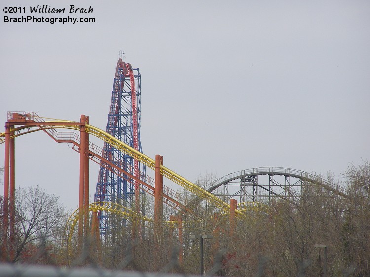 Superman, Mind Eraser and Roar seen from outside Six Flags America.