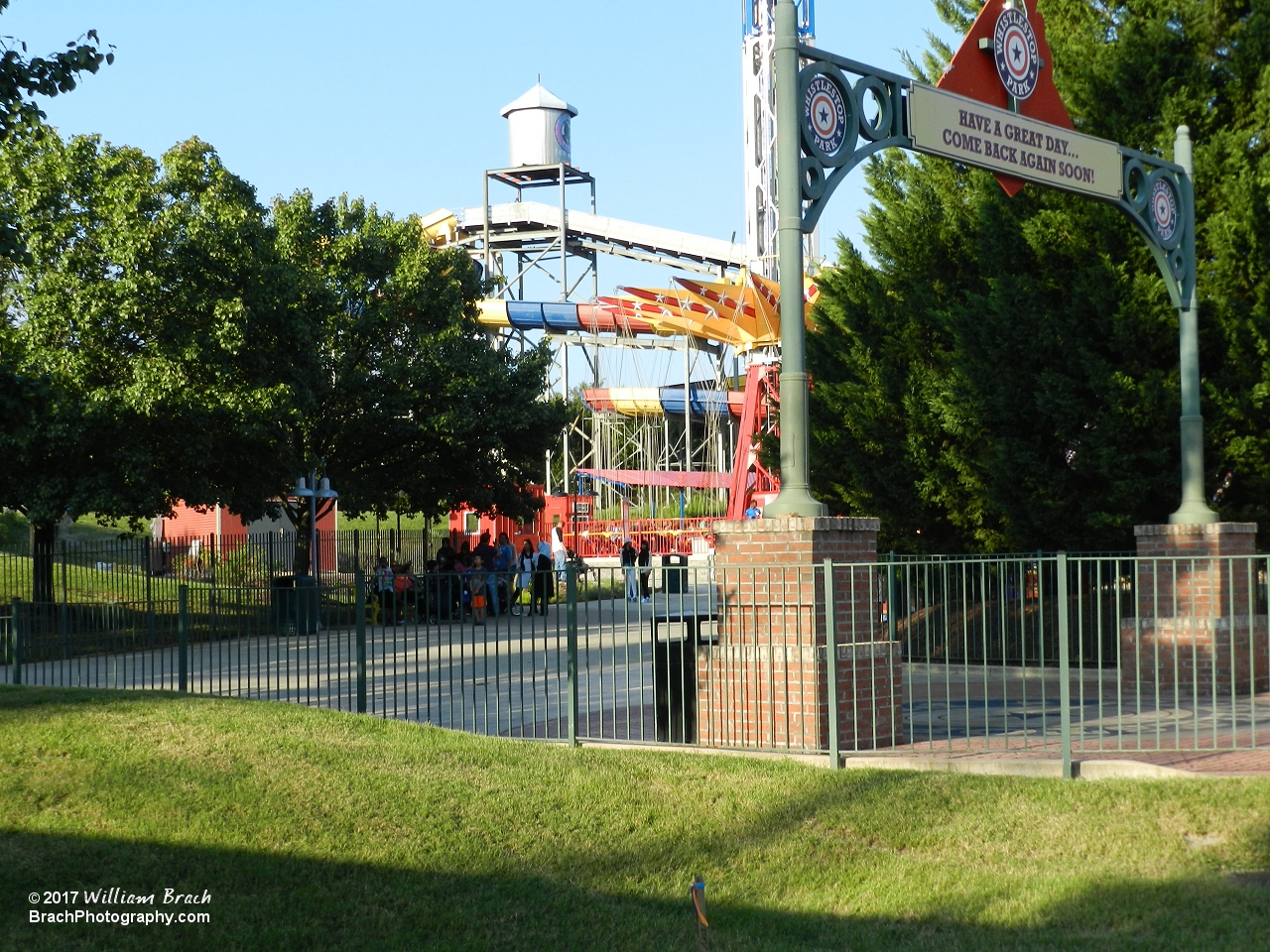 Exit from Whistlestop Park and Wonder Woman with the Penguin's Blizzard River in the distance.