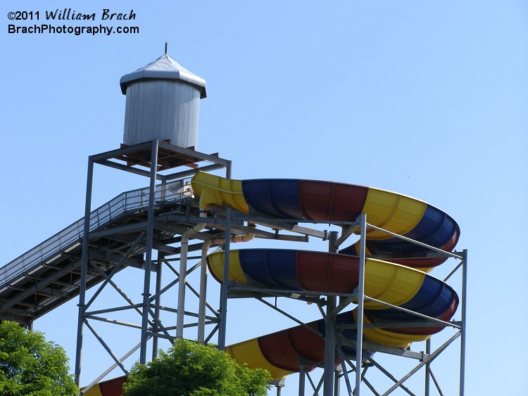 View of the top of the lift hill and the spiral start to the ride.