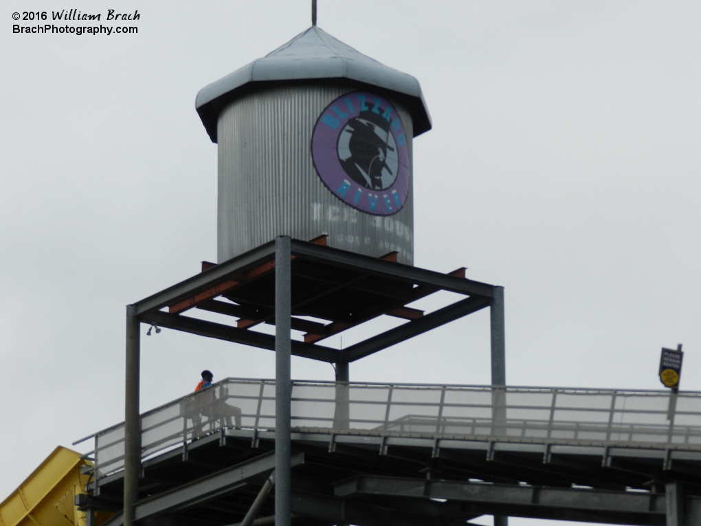 Decorative element sits at the top of the Penguin's Blizzard River lift hill.