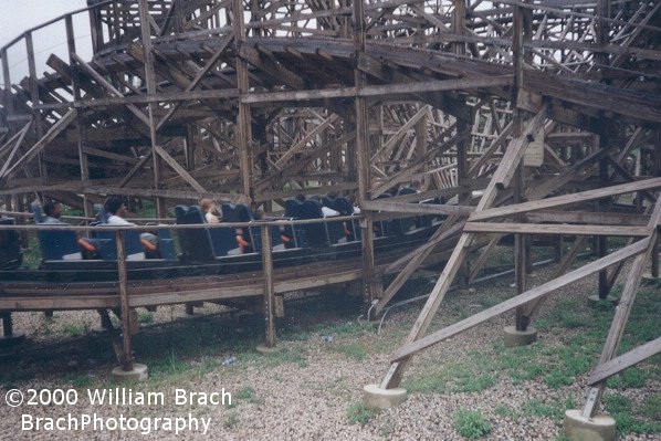 Blue train headed towards the lift hill.