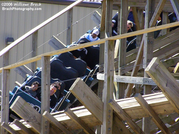 The only straight sections of track on Roar are the lift hill, brake run and the station.  That's it.  The rest of the ride is a mass of twisted turns made out of wood.