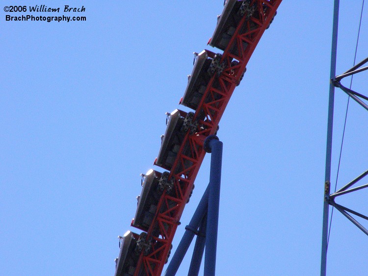 Superman: Ride of Steel train going down the first drop.