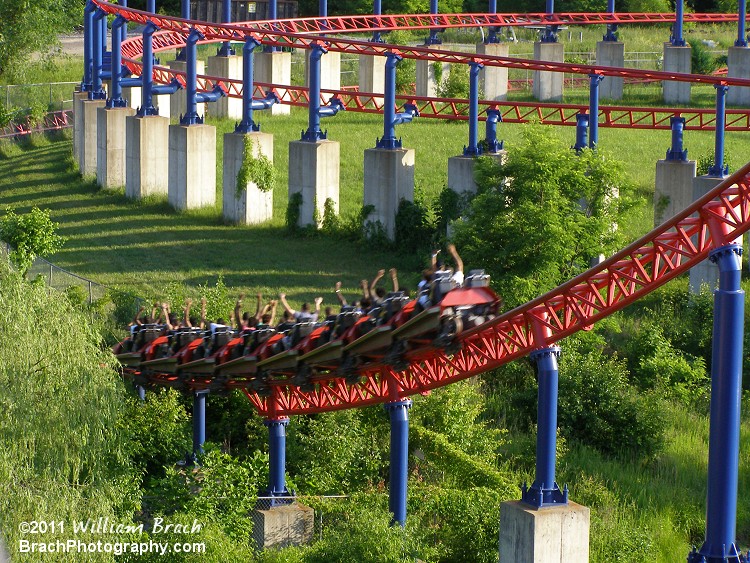 Superman: Ride of Steel train going down the first drop.