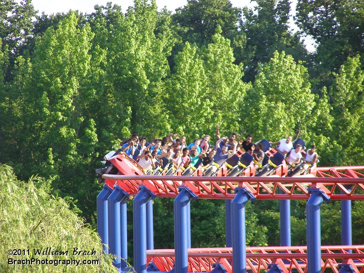 Superman: Ride of Steel train running through the helix.