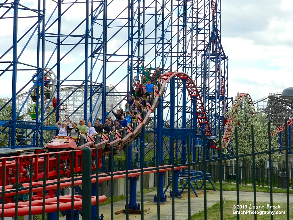 Superman: Ride of Steel train hitting the brakes.  Will is in the bright green shirt, not the last row.