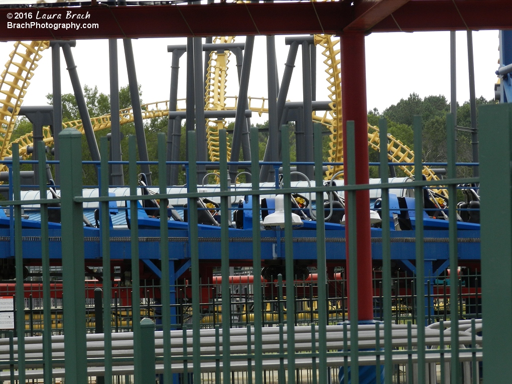 Superman's blue train sitting on the brakes.