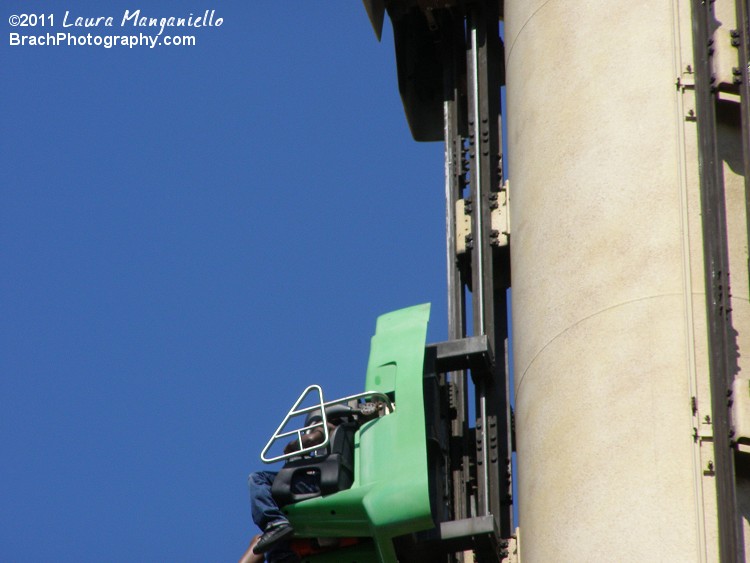 Tower of Doom gondola car falling down the side of the ride structure.