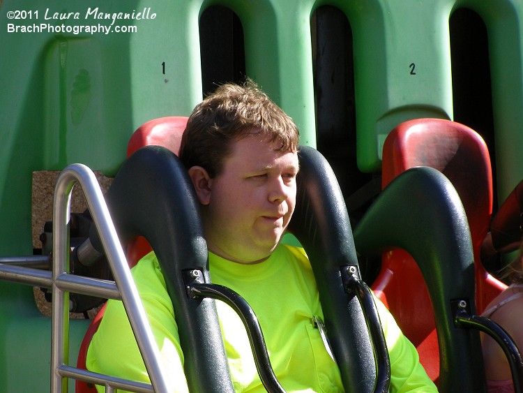 Ready for his ride on the Tower of Doom.