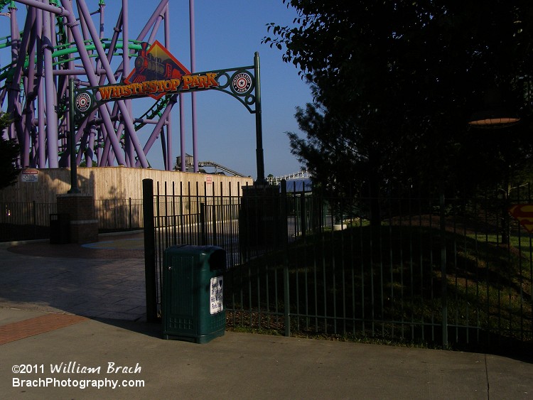 Entrance to Whistlestop Park from the Superman midway.