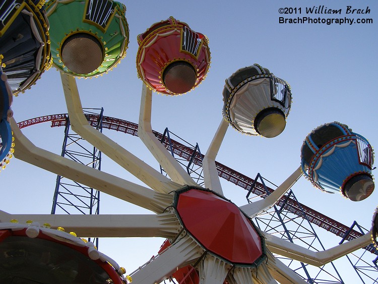 Looking up at the ride with Superman in the background.