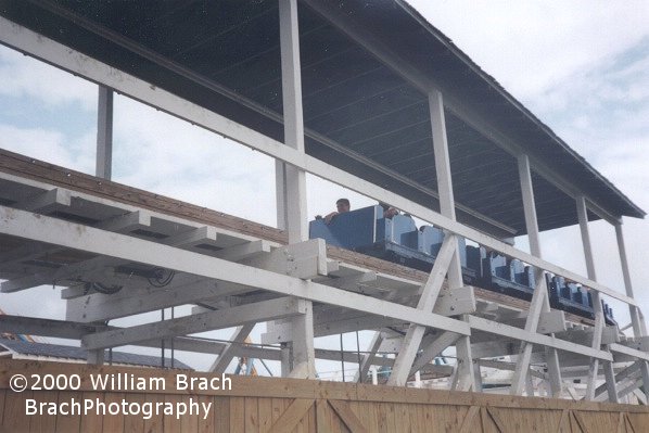 Wild One's blue train in the brake run headed towards the station.