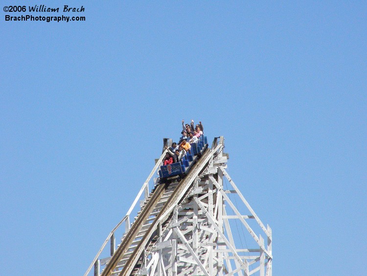 Blue train going down the first drop.