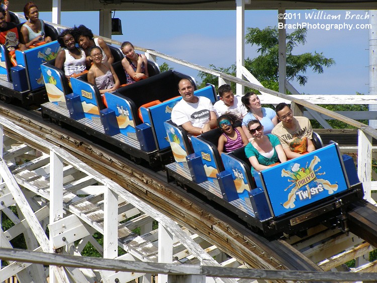 The blue train was converted into a rolling advertisement.  Poor choice, Six Flags.