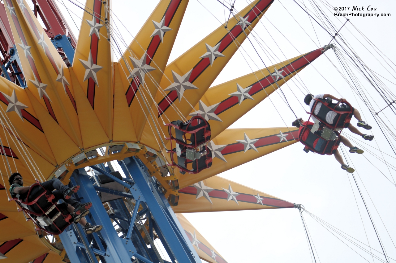 Detailed view of the ride gondola on Wonder Woman: Lasso of Truth.