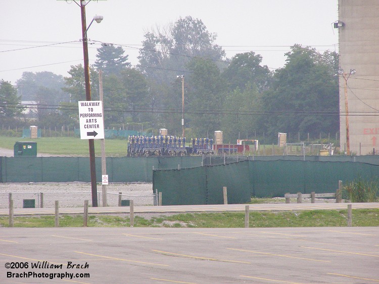 Trains for the In Storage Batman: The Escape coaster in the storage area beyond the corn silos at Six Flags Darien Lake.  This was taken from the queue for Mind Eraser.