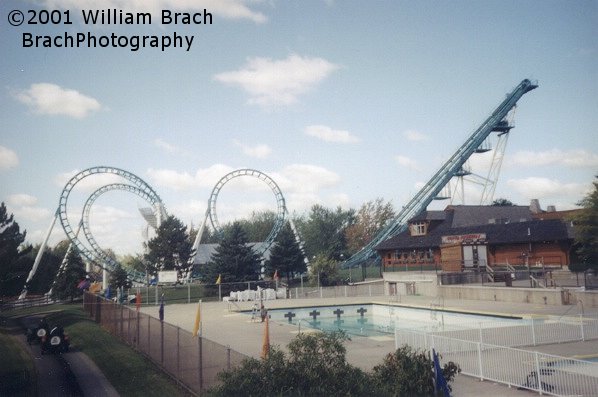 Side view of Boomerang: Coast to Coaster from the footbridge crossing over the Tin Lizzies track. 