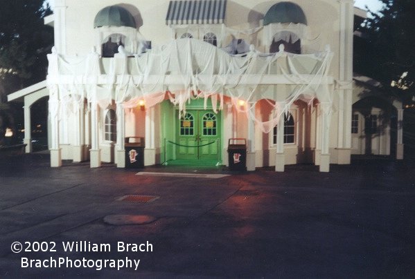 Colorful lights and spooky drapings make for a very creepy looking theater entrance.